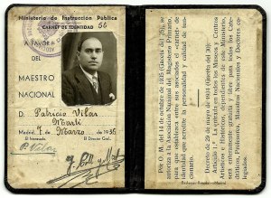 Carnet de Mestre nacional lliurat a Madrid el dissabte 7 de març de 1936 en favor de Patrício Vilar Martí, natural d'Artana.